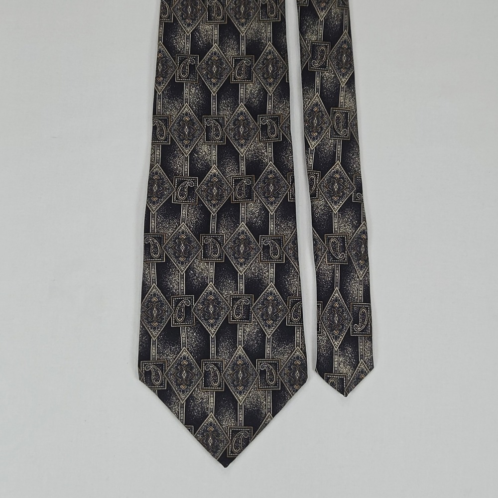 Vintage 90s Villa Bugatti Italian Silk Geometric Paisley Tie Navy Gold 3.75 x 58 - Picture 3 of 10